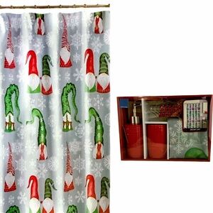 Christmas Bathroom Set Santa Gnomes Curtain Accessories 15 Piece Grey Multicolor